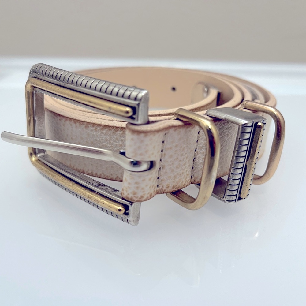 Free People Layered Up Leather Belt - cream white & gold/silver hw (S/M)